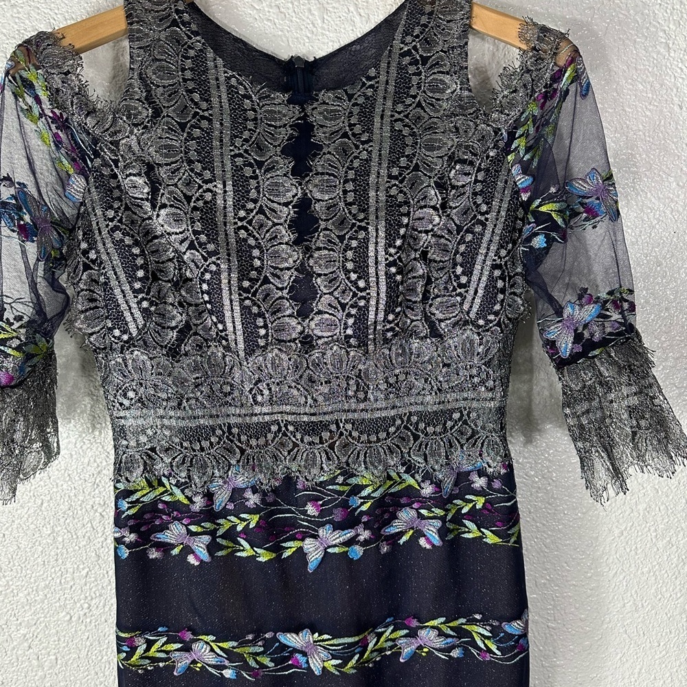 Marchesa Notte Cold Shoulder Metallic Lace Embroidered Tulle Dress - Picture 4 of 12
